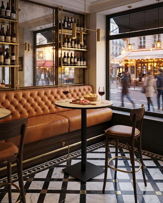 Table haute 2 personnes en HPL avec pied bistrot carré