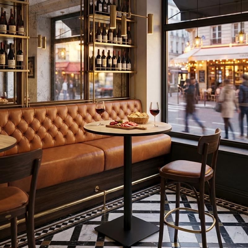 Table haute 2 personnes en HPL avec pied bistrot carré