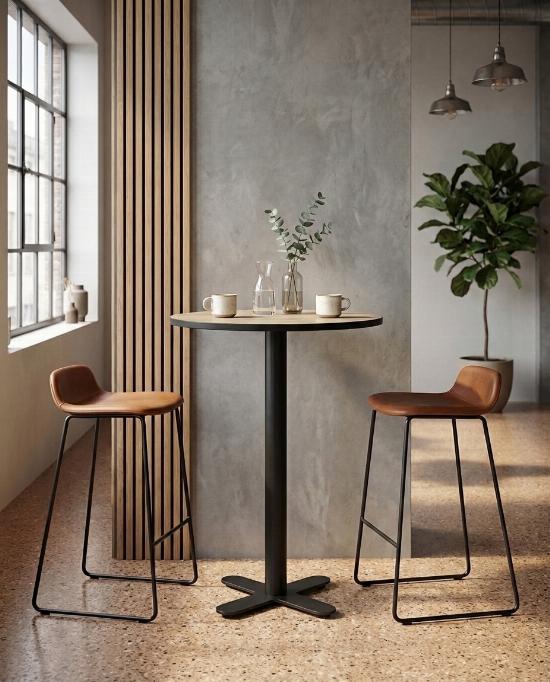 Table haute 2 personnes en HPL avec pied bistrot croix