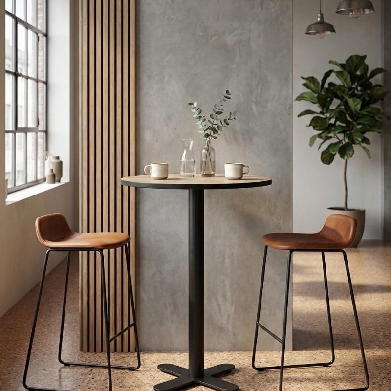 Table haute 2 personnes en HPL avec pied bistrot croix